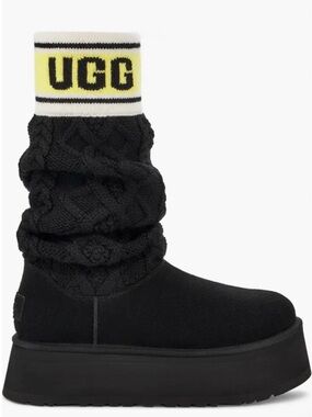UGG Black Cable-Knit Platform Boot with Yellow Logo Cuff